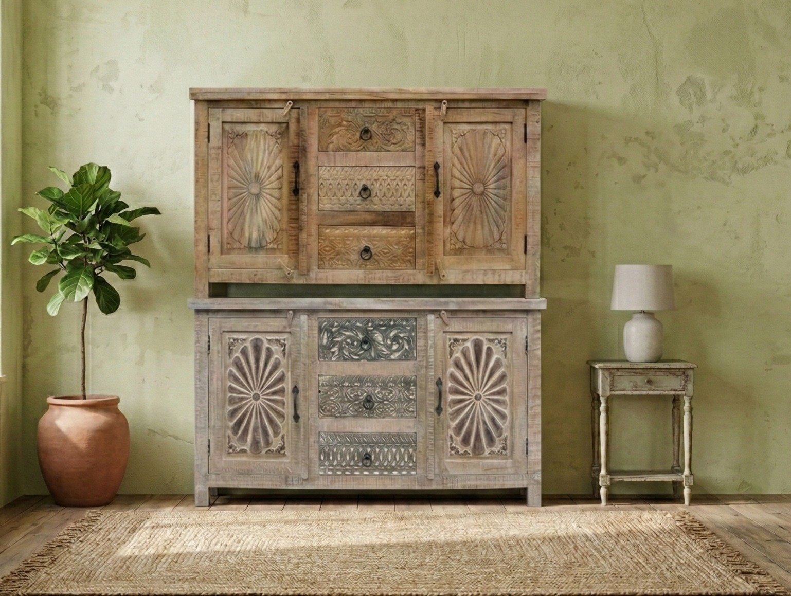 Indian Furniture Carved Sideboard in Natural Shade Indian Furniture Carved Sideboard in Natural Shade