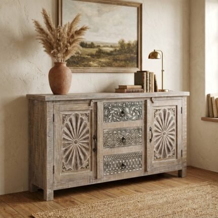Indian Furniture Carved Sideboard in Natural Shade