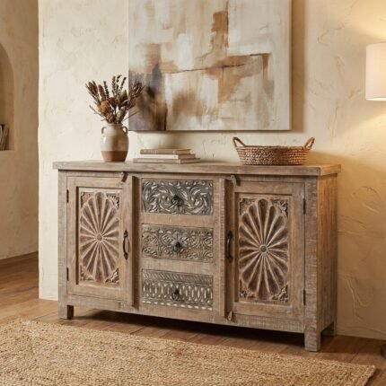 Indian Furniture Carved Sideboard in Natural Shade