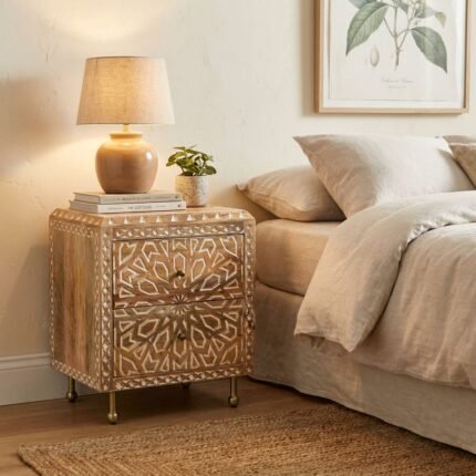 Rosette Wooden Nightstand With Metal Legs