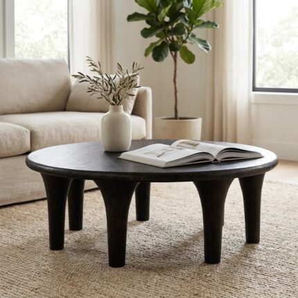 Round Wooden Coffee Table in Raw Black