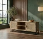 Antique Solid Mango Wood TV Unit with Metal Legs cane