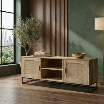 Antique Solid Mango Wood TV Unit with Metal Legs cane