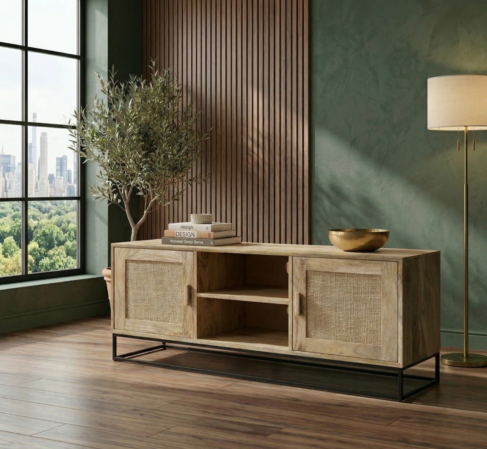 Antique Solid Mango Wood TV Unit with Metal Legs cane Antique Solid Mango Wood TV Unit with Metal Legs cane