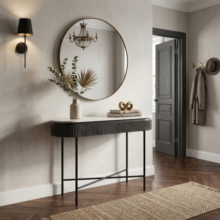 Dark Oval Solid Wood Console Table | Marble Top