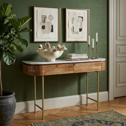 Ostend Solid Wood Console Table with Drawers | Marble Top
