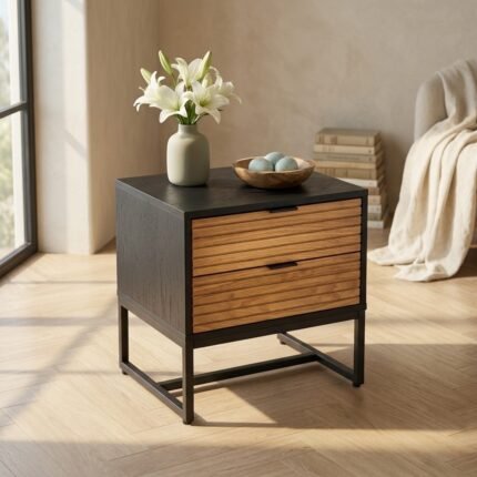 Black Wooden Nightstand | Metal Legs