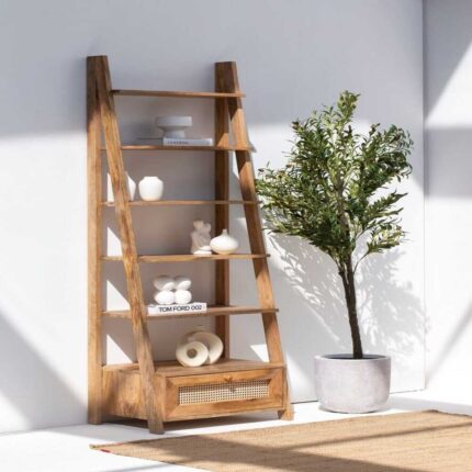 Annaba Wooden Bookcase with Rattan Drawer