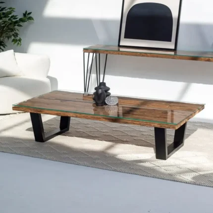 Track Wood Coffee Table with Glass Top