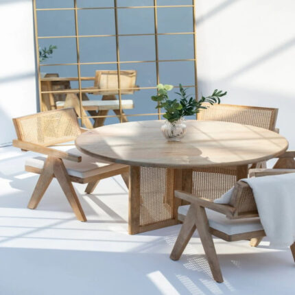 Rennes Wooden Round Dining Table with Rattan Cross Legs