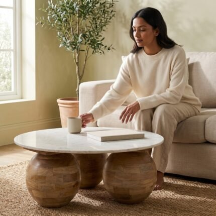 Round Marble Coffee Table with Three Round Legs