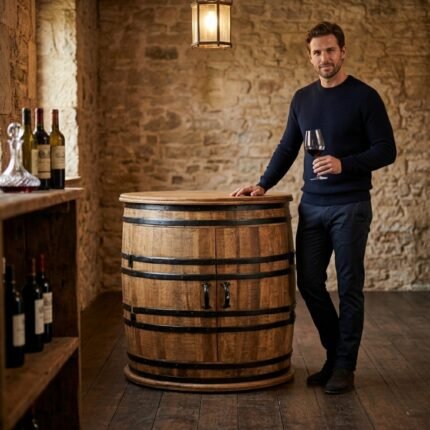 Savannah Barrel Cocktail Cabinet solid wood with metal