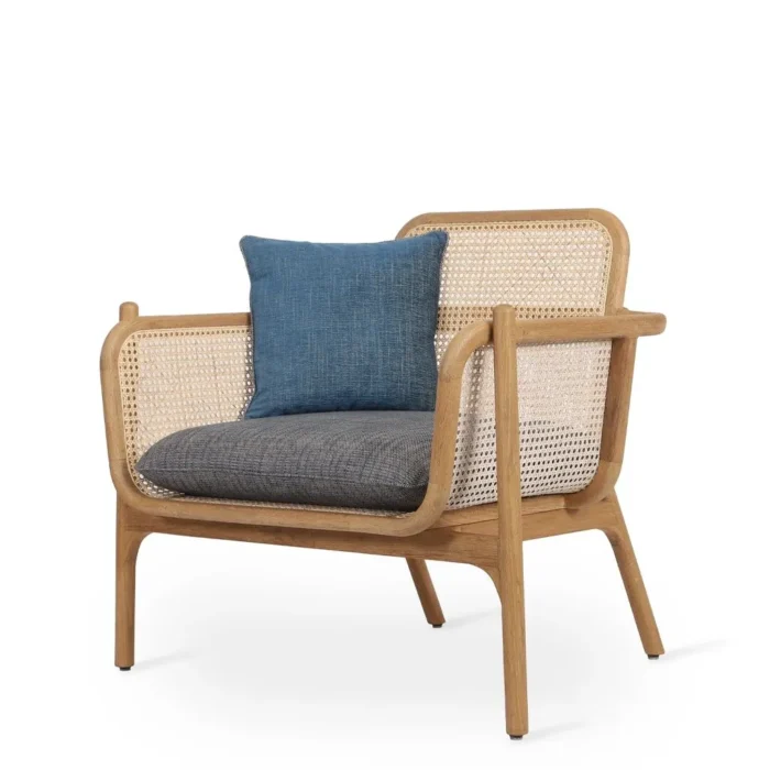 PRITI Lounge Chair with Charcoal Grey Fabric and Rattan