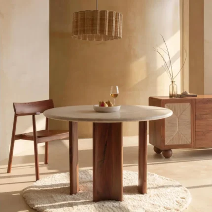 PRITI Round Stone Top Solid Wood Base Dining Table