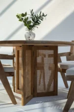 PRITI Wooden Round Dining Table with Rattan Cross Legs