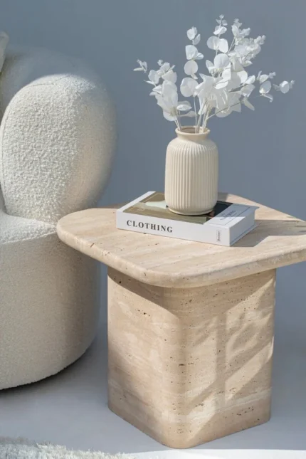 PRITI Square Top with Rounded Corners Travertine Side Table