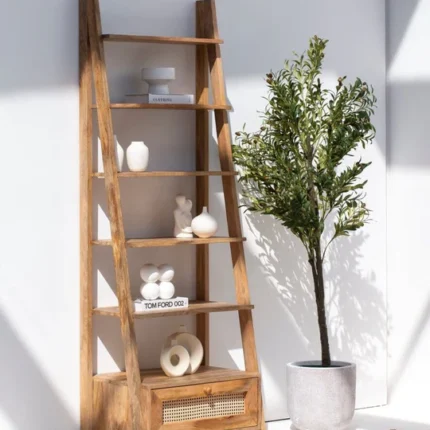 PRITI Wooden Bookcase with Rattan Drawer