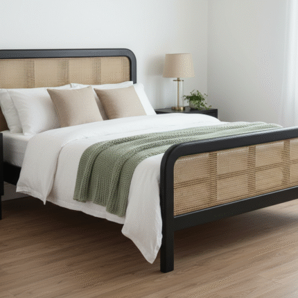 PRITI Cane Queen Bed Black (Solid Wood with cane )