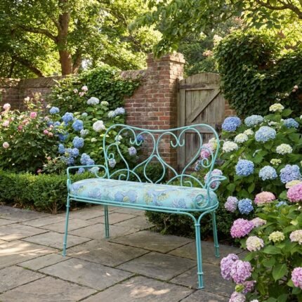 Metal Bench with Sky Blue Printed Fabric, Two-Seater - PRITI