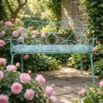Metal Bench with Sky Blue Printed Fabric, Two-Seater - PRITI - Image 4