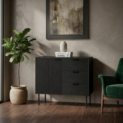 Black 3 Drawers & 1 Door cabinet (Black Wood) - PRITI
