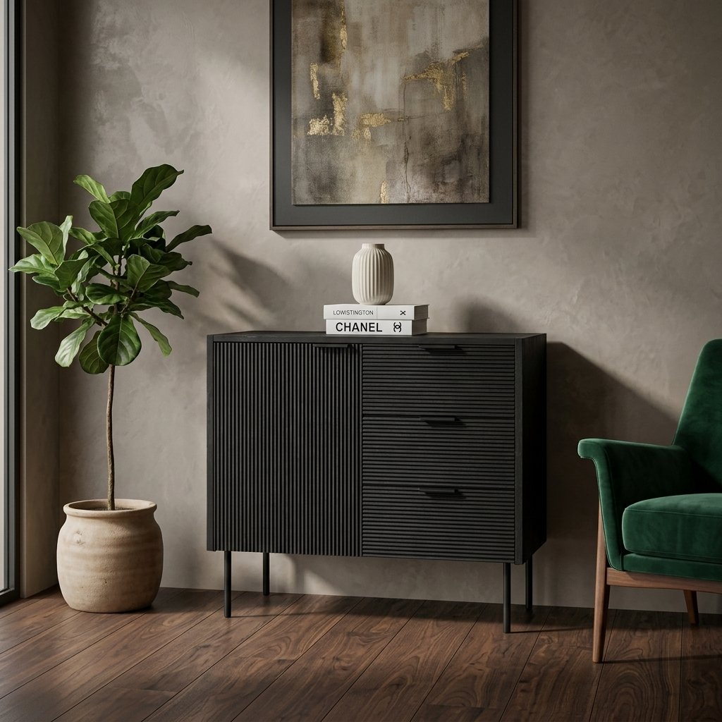 Black 3 Drawers & 1 Door cabinet (Black Wood) - PRITI Black 3 Drawers & 1 Door cabinet (Black Wood) - PRITI
