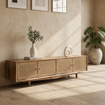 PRITI Doors Media Console (Solid Wood with cane )