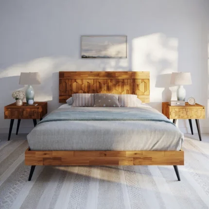 PRITI Solid Wood Platform Bed Frame with Headboard, Mid Century Geometric Pattern