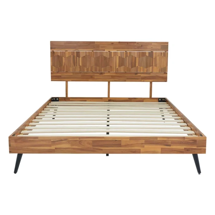 PRITI Solid Wood Platform Bed Frame with Headboard, Mid Century Geometric Pattern