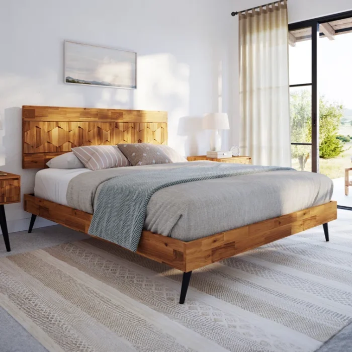 PRITI Solid Wood Platform Bed Frame with Headboard, Mid Century Geometric Pattern