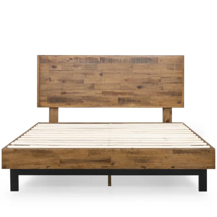 PRITI Industrial Modern Solid Wood Platform Bed with Adjustable Headboard