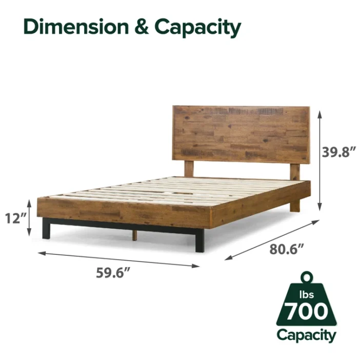 PRITI Industrial Modern Solid Wood Platform Bed with Adjustable Headboard