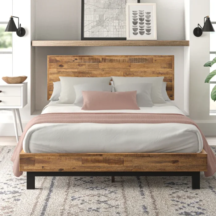 PRITI Industrial Modern Solid Wood Platform Bed with Adjustable Headboard