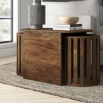 PRITI Modern Neutral Wood Set Of 3 Oval Coffee Table & Nesting Stool Set - 43.0" x 22.0" x 22.0"