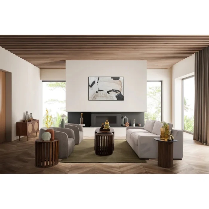 PRITI Modern Neutral Wood Set Of 3 Oval Coffee Table & Nesting Stool Set - 43.0" x 22.0" x 22.0"