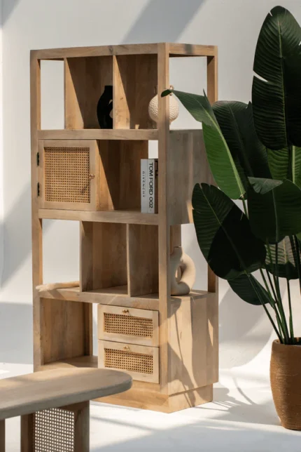 PRITI Wooden Rattan Bookcase