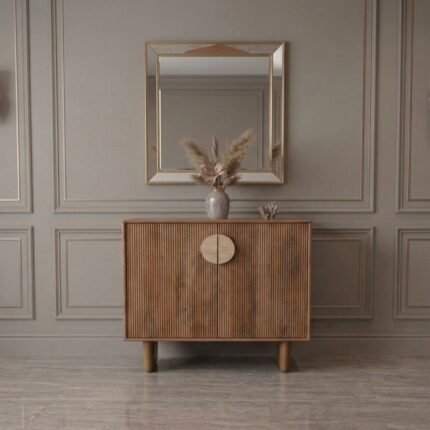 PRITI Brown Fluted Wood High Sideboard (Solid Wood )