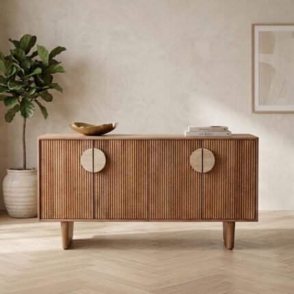 PRITI Brown Fluted Wood High Sideboard (Solid Wood )