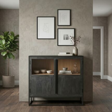 PRITI Accent Cabinet (Black Solid Wood with iron legs)