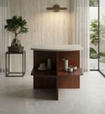 PRITI Wood and marble Brown 20″ Half Round Side Table