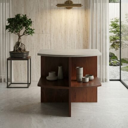 PRITI Wood and marble Brown 20″ Half Round Side Table