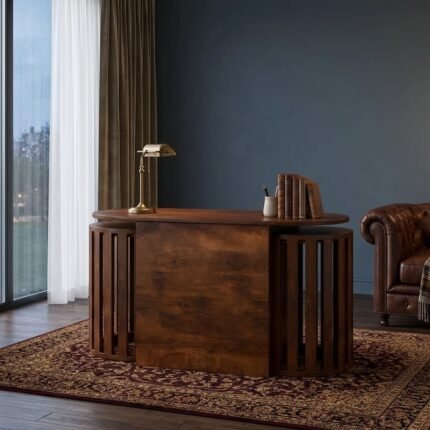 PRITI Modern Neutral Wood Set Of 3 Oval Coffee Table & Nesting Stool Set