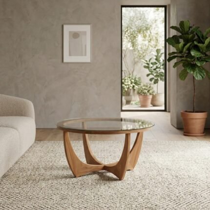 PRITI Round Brown Wooden with Glass Coffee Table