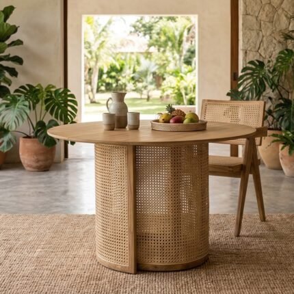 PRITI Round Coffee Table - Natural Wood with cane