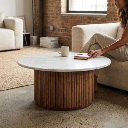 PRITI Round Marble and Wood Coffee Table