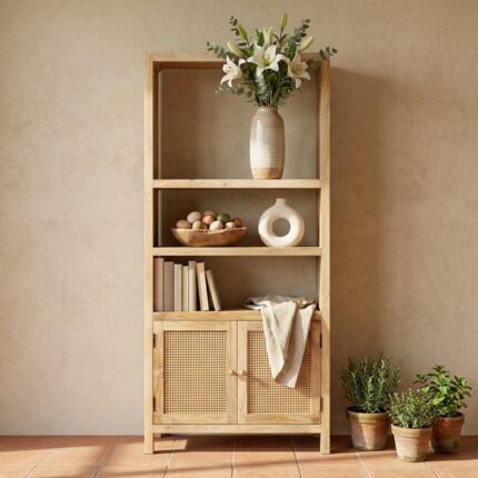 PRITI Rattan Wooden Bookshelves (Solid Wood & cane )
