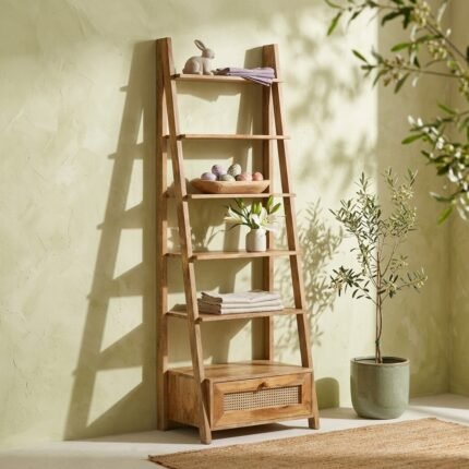PRITI Wooden Bookcase with Rattan Drawer (Solid Wood )