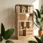 PRITI Wooden Rattan Bookcase (Solid Wood & cane )