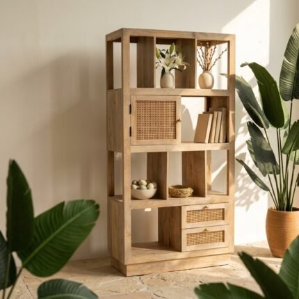 PRITI Wooden Rattan Bookcase (Solid Wood & cane )
