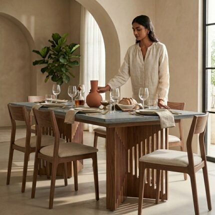 PRITI Dining Table with Stone Top (Solid Wood )